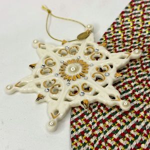 Retro Collectible Porcelain Snowflake Ornament - white, gold, pearl & Rhinestone